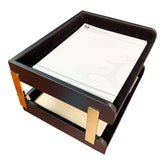 Classic Black Leather Letter Tray, Side Load, Stacking Set, Gold